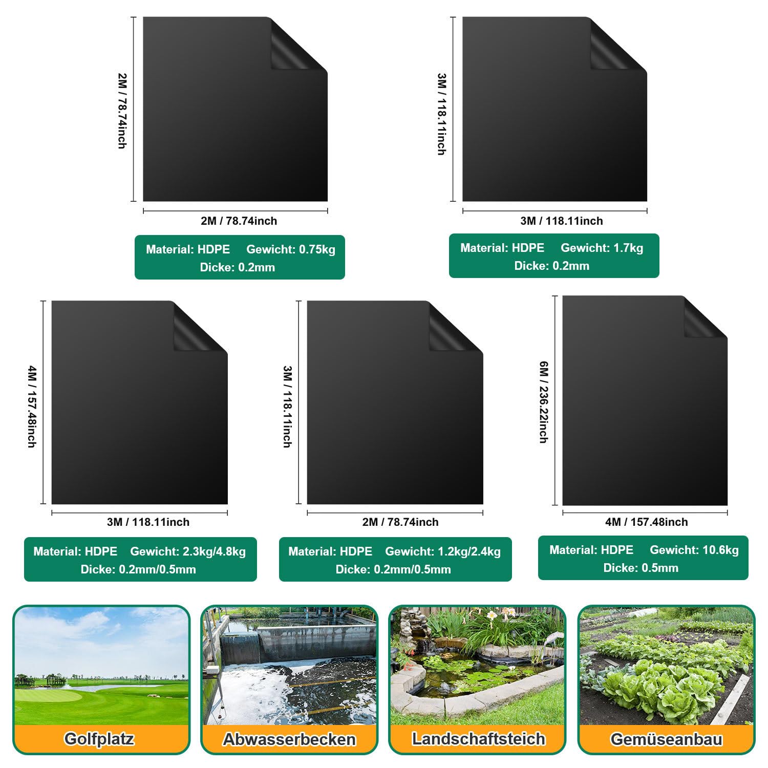 Lospitch Teichfolie HDPE Schwarz für Gartenteich und Wasserspeicher