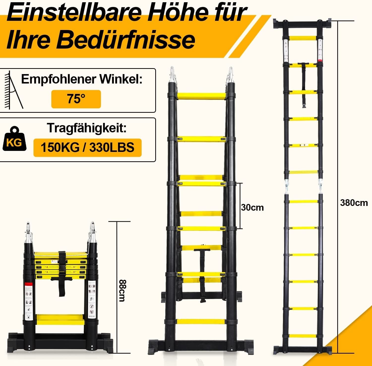 Lospitch Teleskopleiter Aluminium 3,8m Klappbar 150kg Mehrzweckleiter