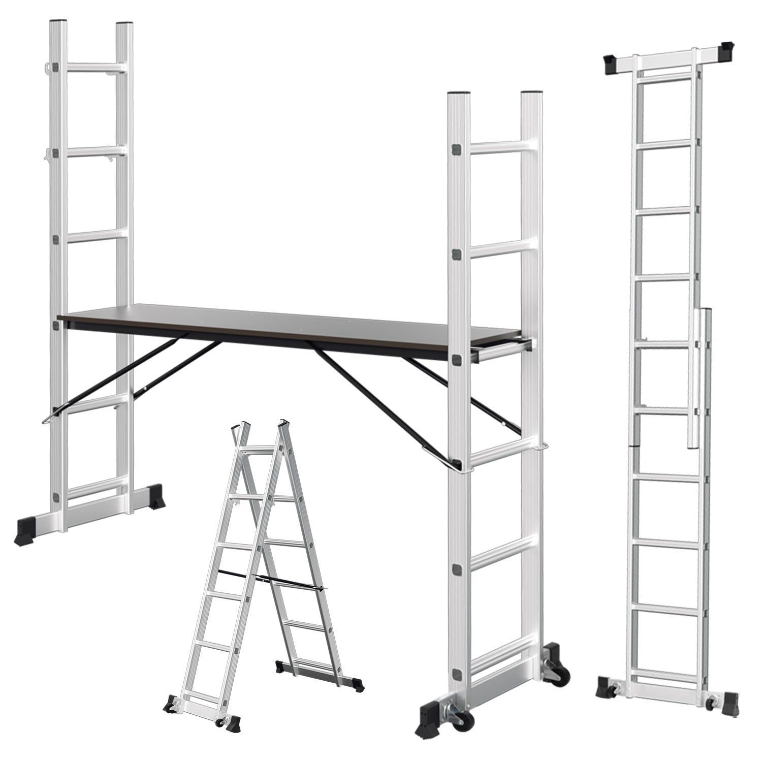Lospitch Mehrzweckgerüst Aluminium 4 in 1 mit Plattform 2 Rollen bis 150 kg