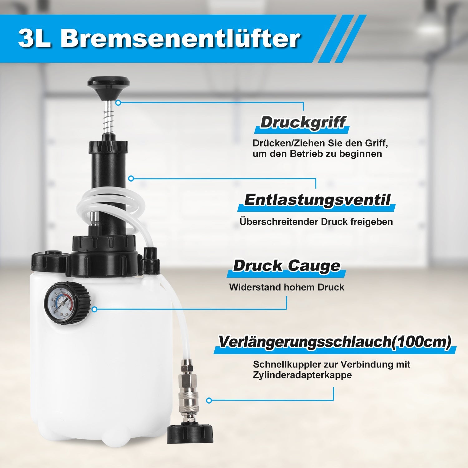 Lospitch Bremsenentlüftungsgerät 3L mit 1L Auffangbehälter 4 Adaptern und Manometer