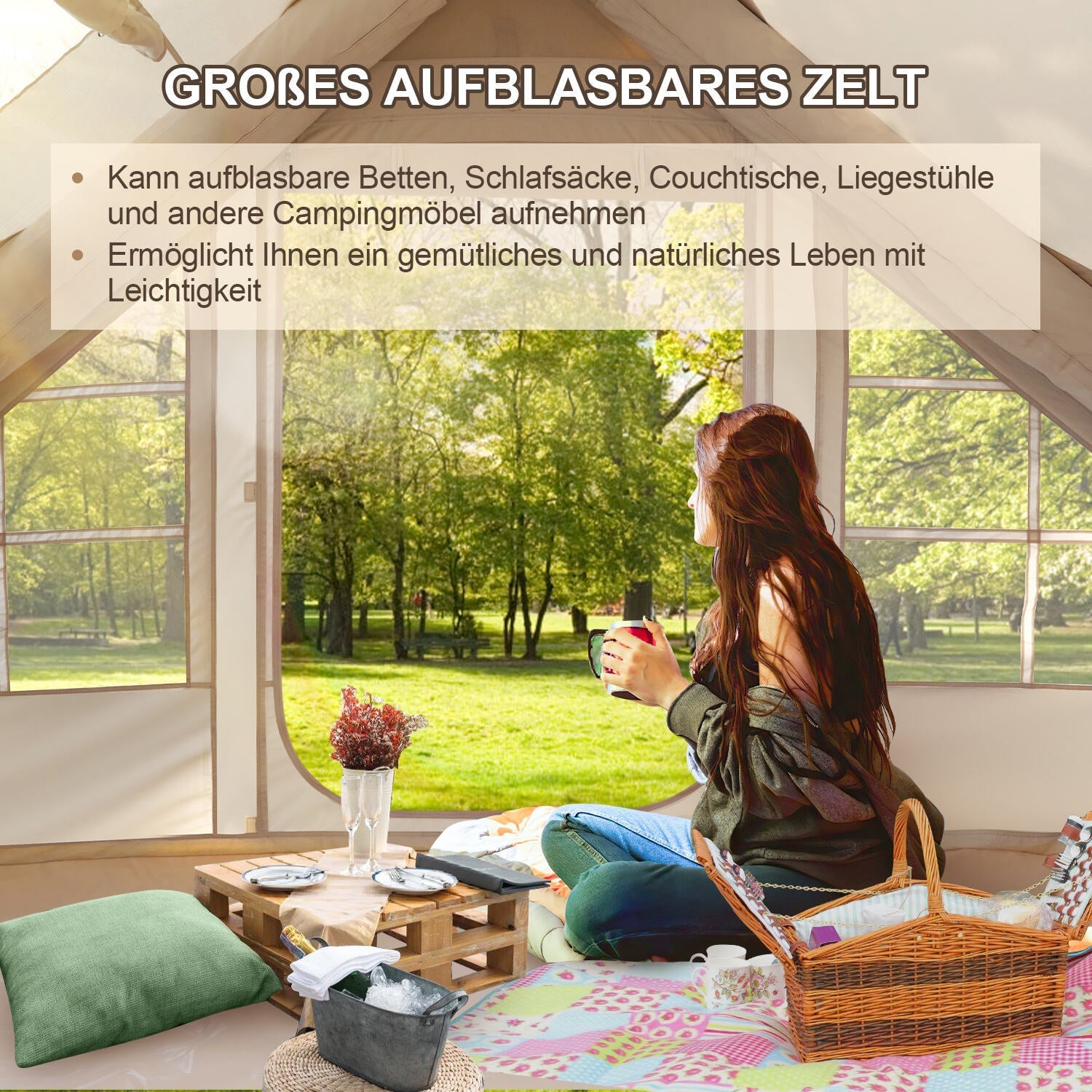 Lospitch Aufblasbares Campingzelt 6.3 m² mit Dachfenster für 2 bis 4 Personen