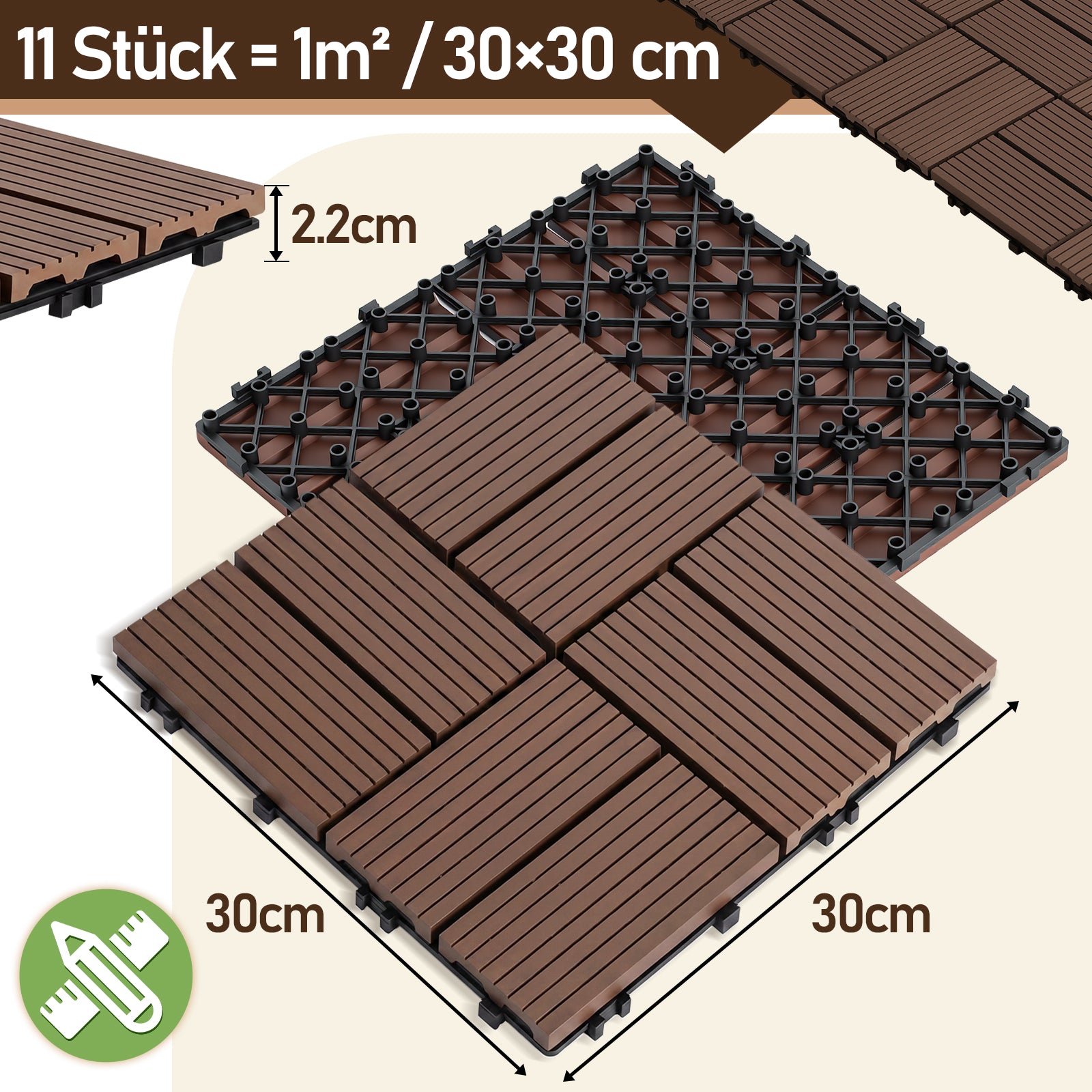 Lospitch PP Klickfliesen 30 x 30 cm für Terrasse und Pool