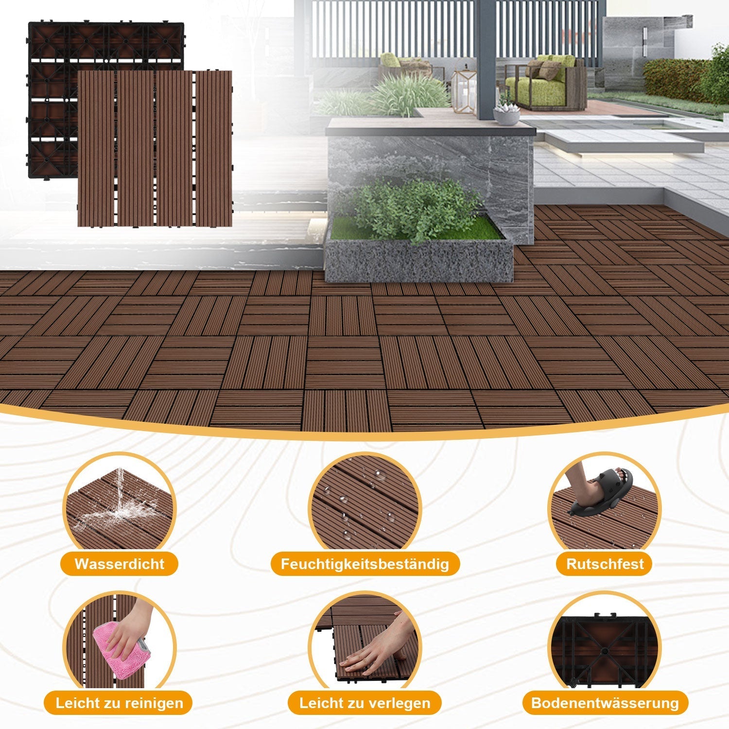 Lospitch WPC Terrassenfliesen 30x30 cm 11 Stück Klickfliesen für Balkon und Garten