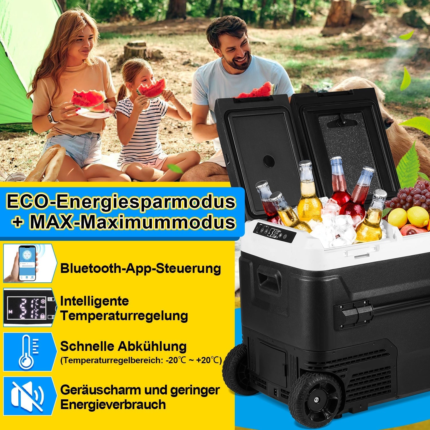 Lospitch Kompressor Kühlbox 50L 2 Zonen -20 °C mit Rollen für Camping