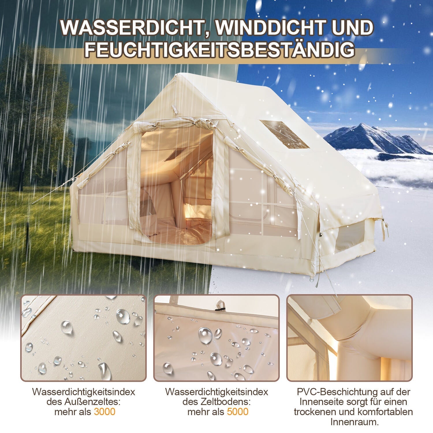 Lospitch Aufblasbares Campingzelt 6.3 m² mit Dachfenster für 2 bis 4 Personen