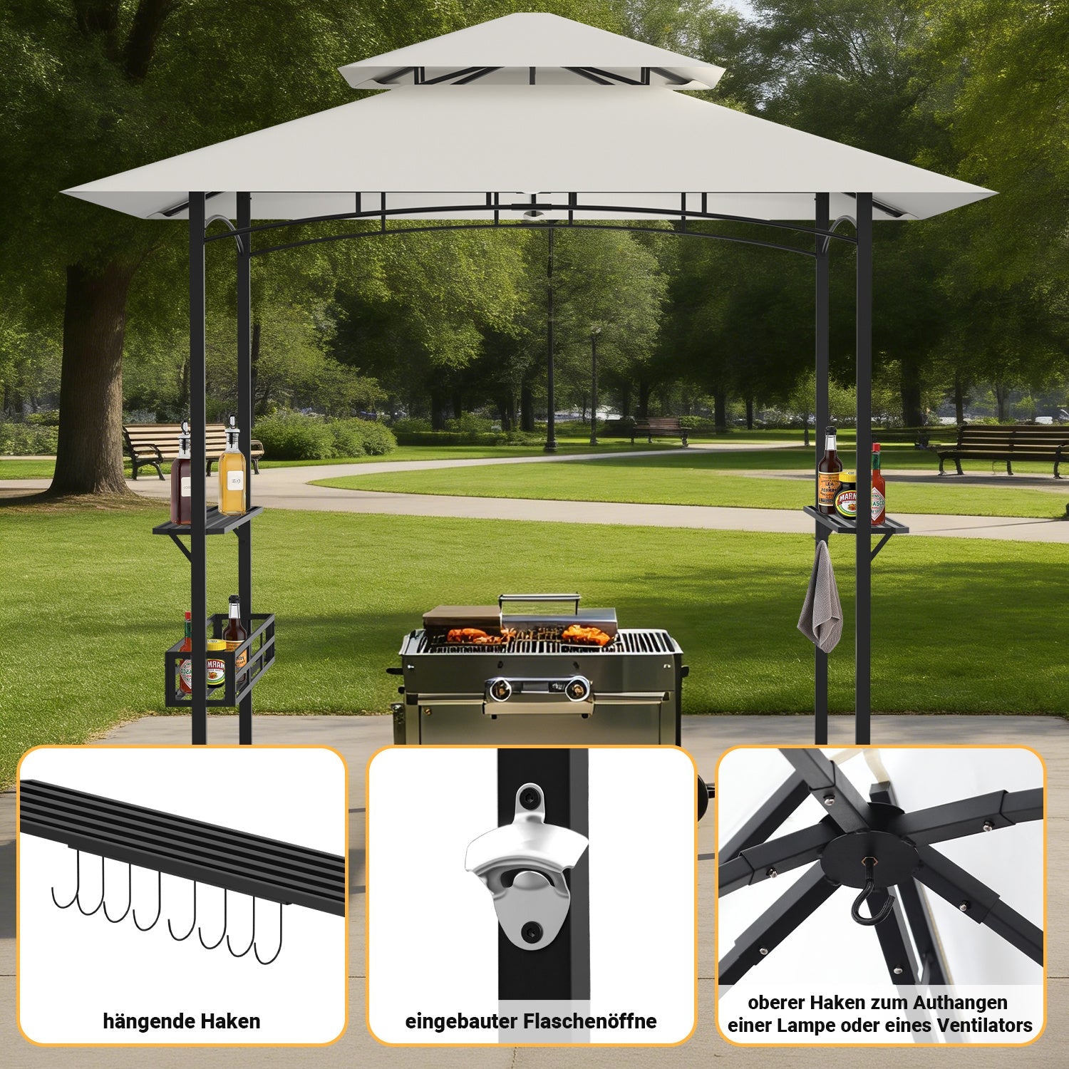 Lospitch BBQ Pavillon 238 x 148 x 250 cm mit Ablagen und Flaschenöffner Beige