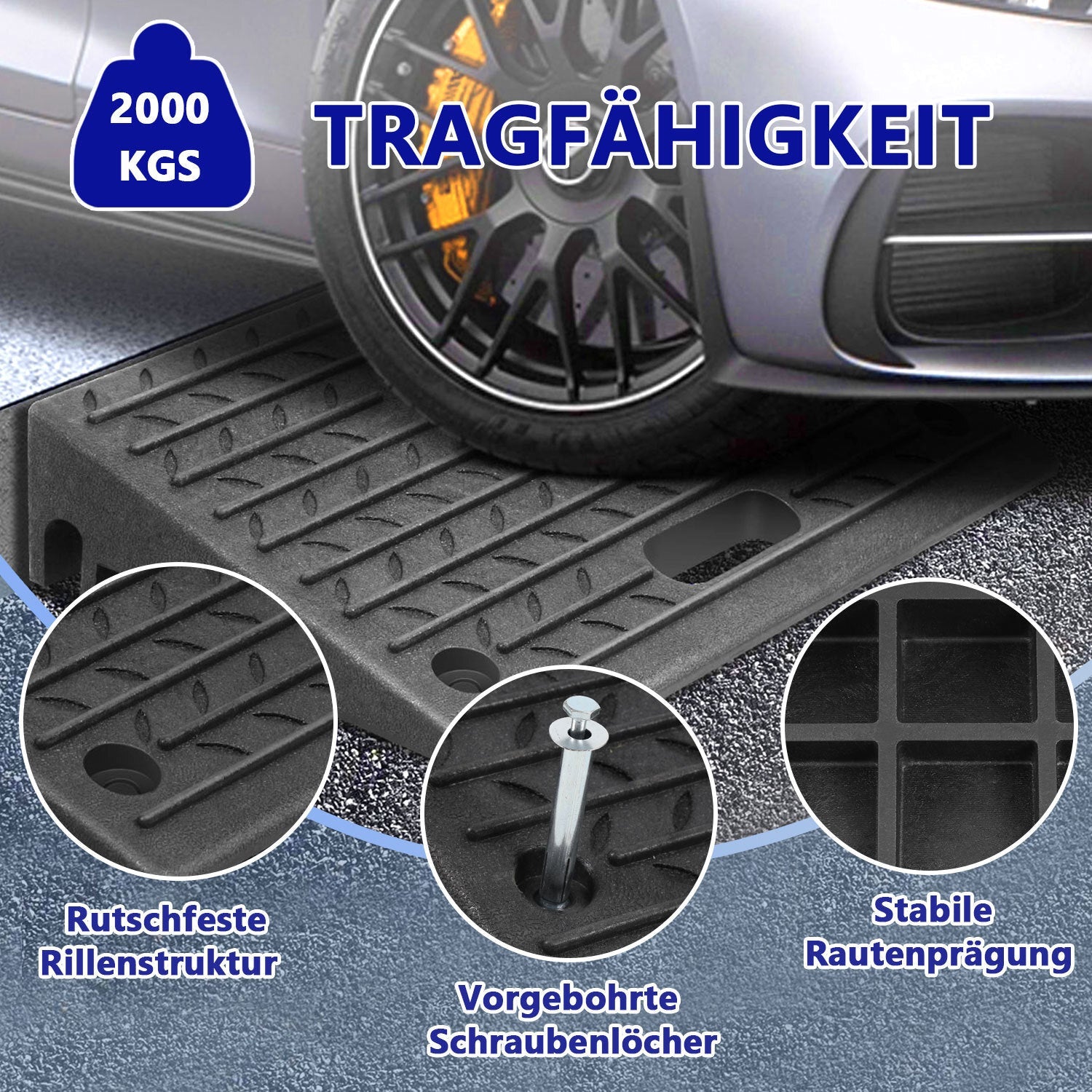 Lospitch Bordsteinrampe Gummi 50 × 32 × 10 cm mit Griff für Auto  und Garage