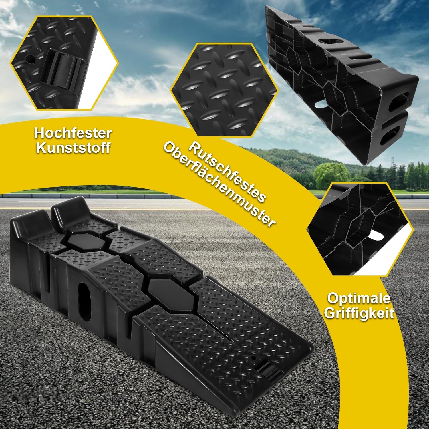 Lospitch Auto Auffahrrampen 2er Set 90 × 33 × 22 cm Kunststoff bis 2,5 t