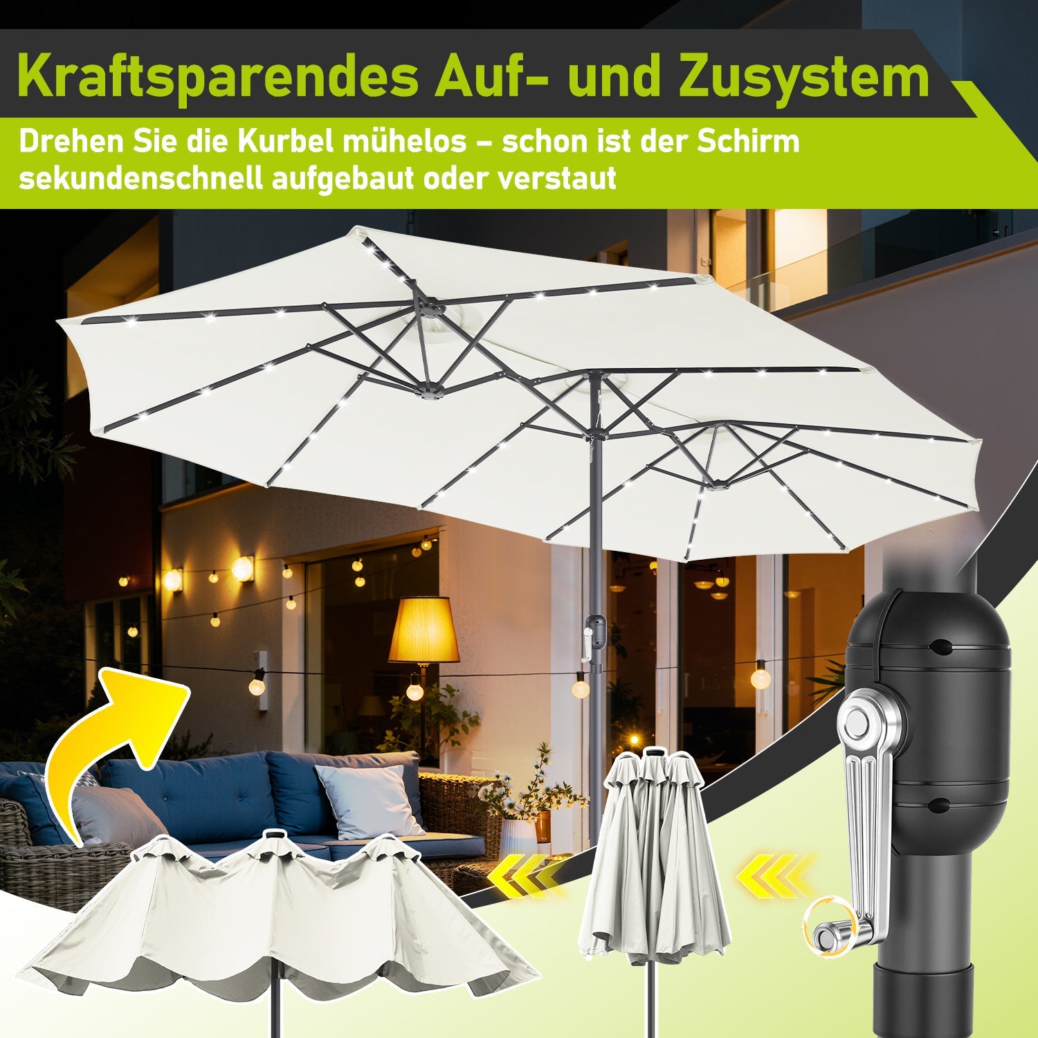 Lospitch Doppelsonnenschirm mit LED Solar rechteckig UV50 für Garten Terrasse