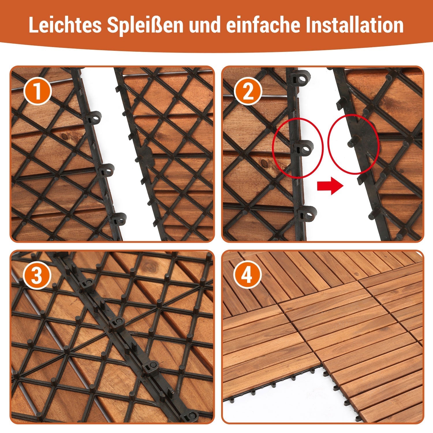 Lospitch Akazienholzfliesen 30x30cm Klicksystem für Balkon Terrasse Garten