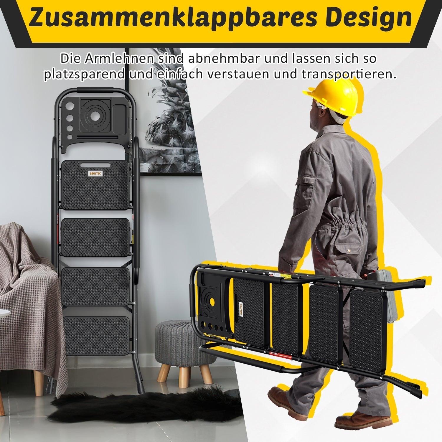 Lospitch Klappleiter für Zuhause mit Handlauf und Werkzeugablage