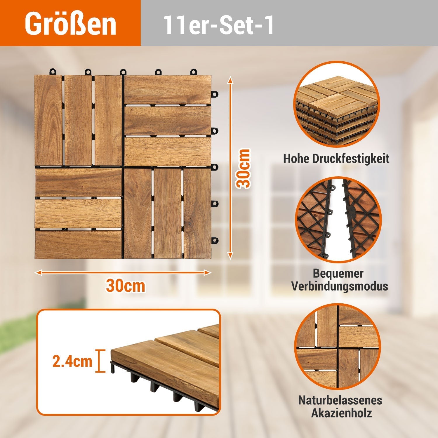 Lospitch Holzfliesen Akazienholz 30x30 cm 12 Latten mit Klicksystem