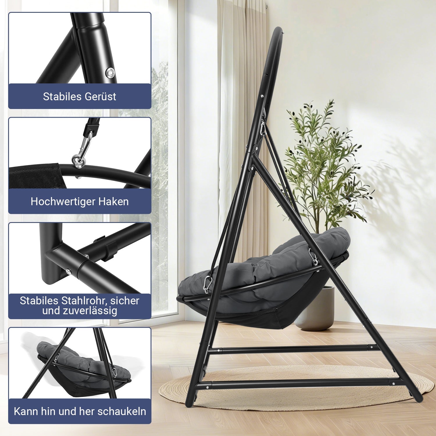 Lospitch Hängesessel mit Gestell, 100 cm Sitzfläche, bis 150 kg für Garten und Terrasse
