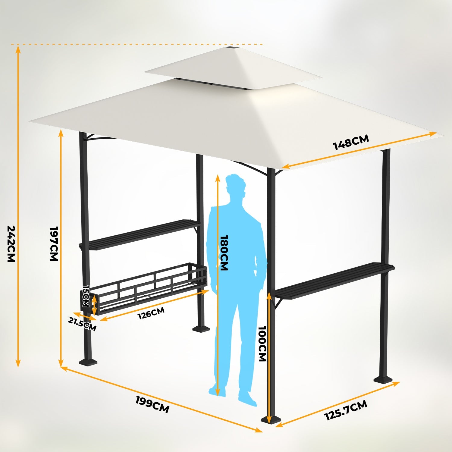 Lospitch BBQ Pavillon 238 x 148 x 250 cm mit Ablagen und Flaschenöffner Beige