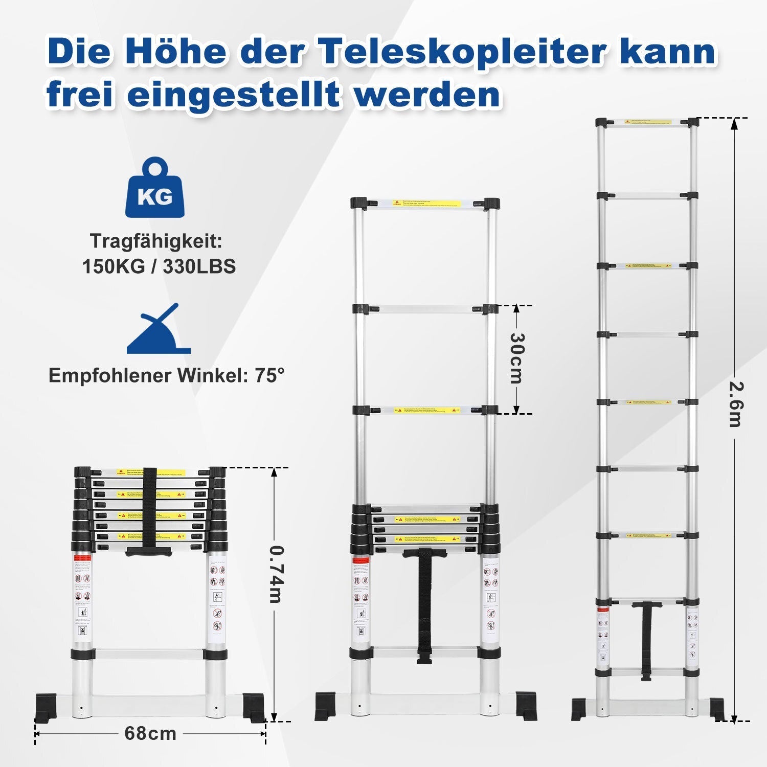 Lospitch Aluminium Teleskopleiter 2,6 bis 5m 150kg mit Stabilisator