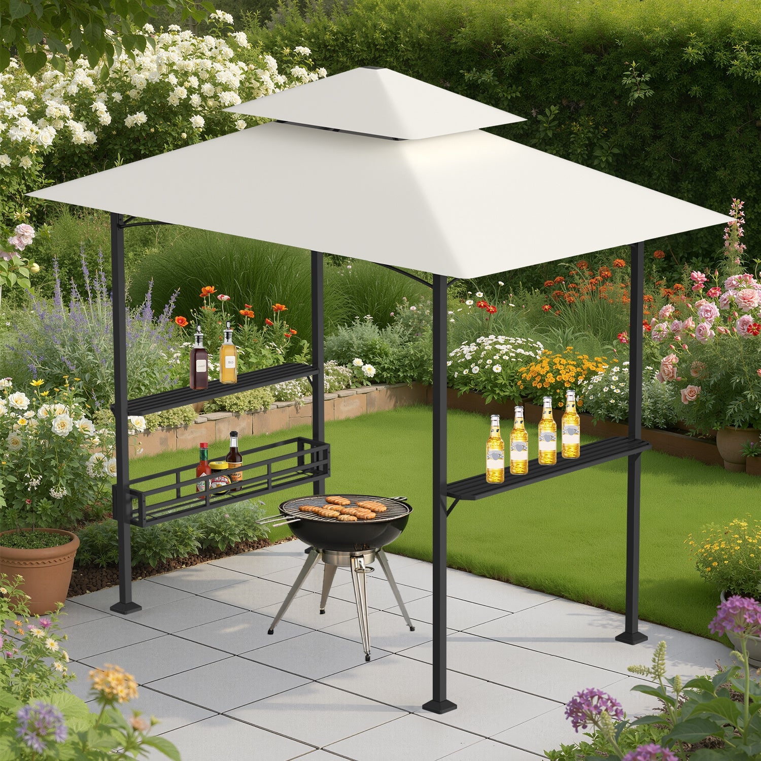 Lospitch BBQ Pavillon 238 x 148 x 250 cm mit Ablagen und Flaschenöffner Beige