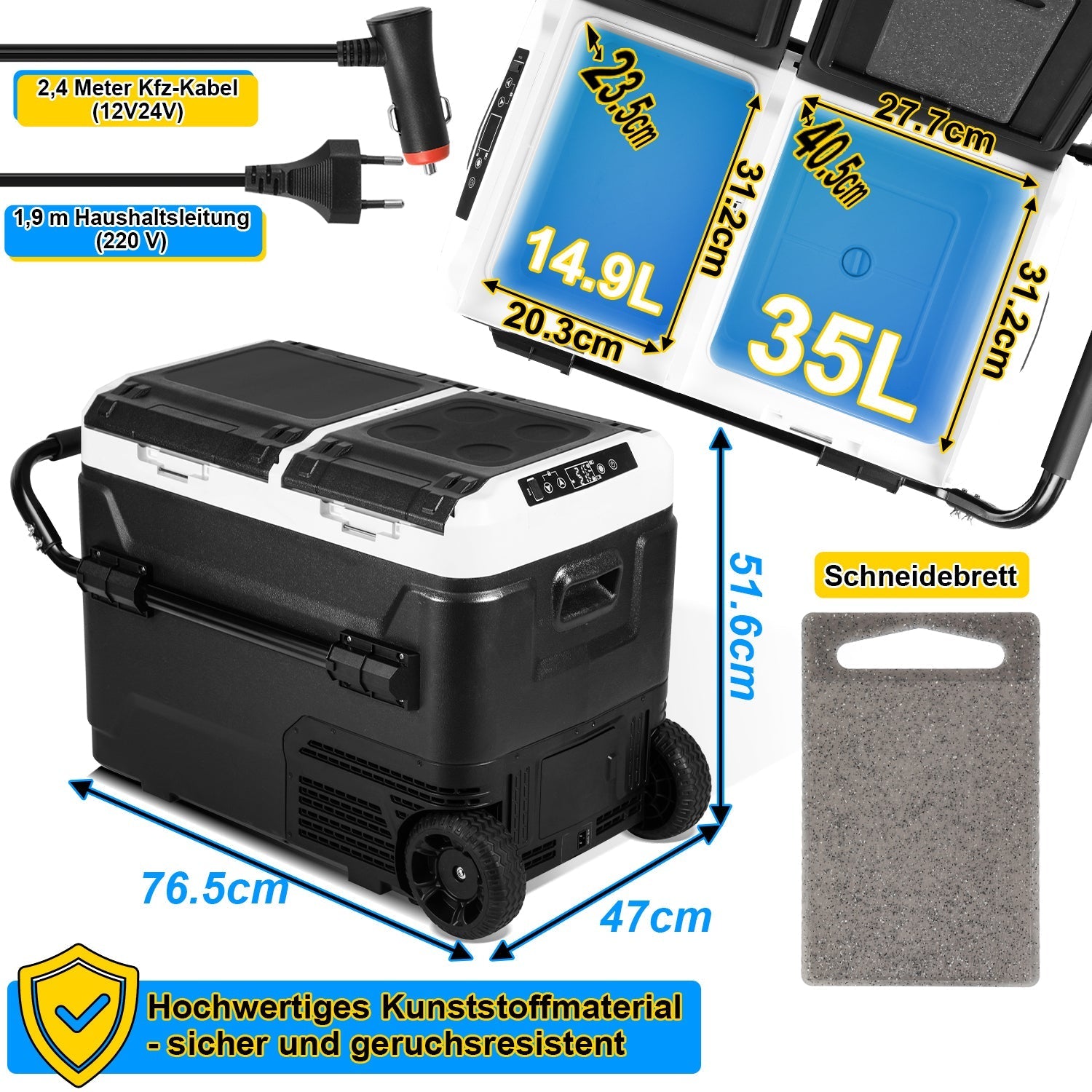 Lospitch Kompressor Kühlbox 50L 2 Zonen -20 °C mit Rollen für Camping