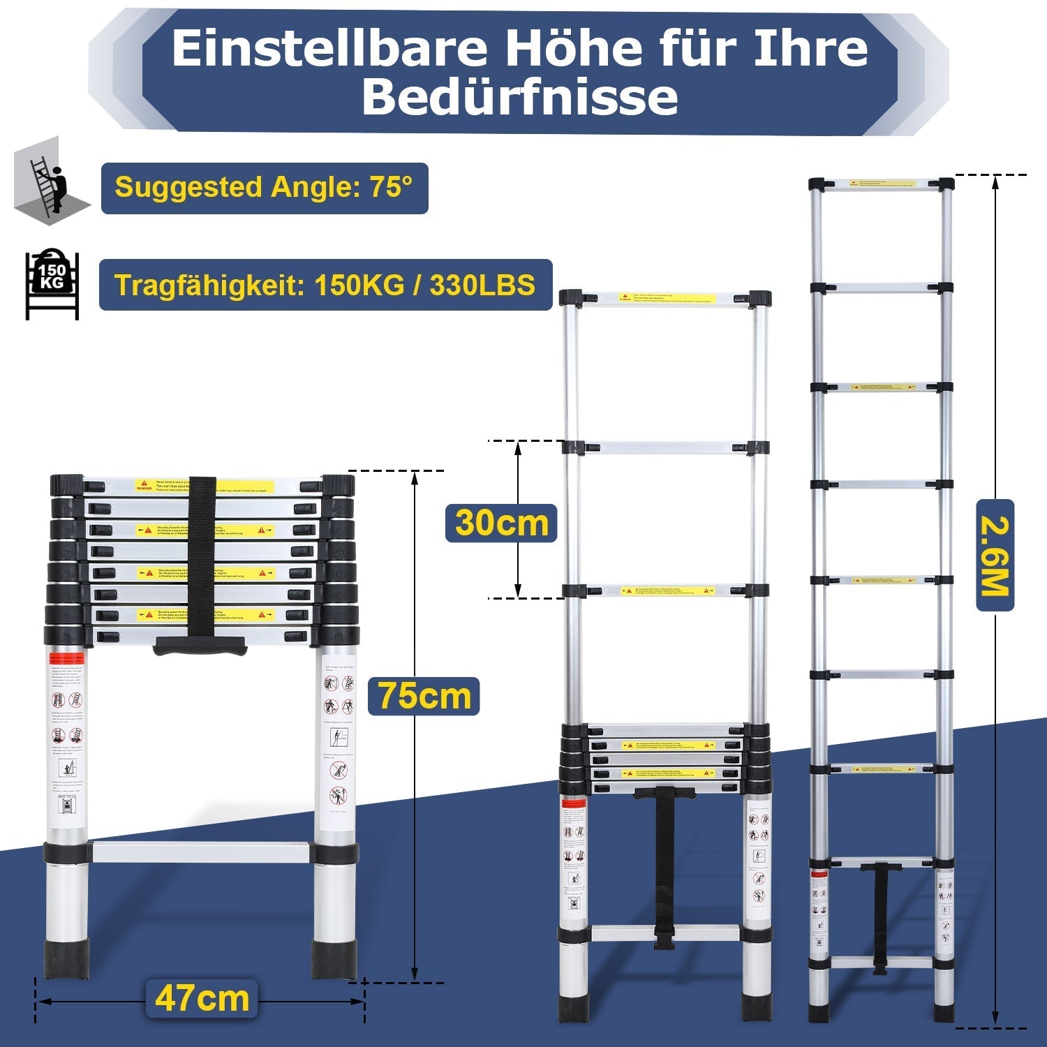 Lospitch Aluminium Teleskopleiter 2,6 bis 5 m Belastbar bis 150 kg für Haus und Garten