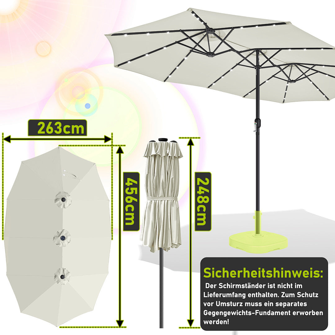 Lospitch Doppelsonnenschirm mit LED Solar rechteckig UV50 für Garten Terrasse