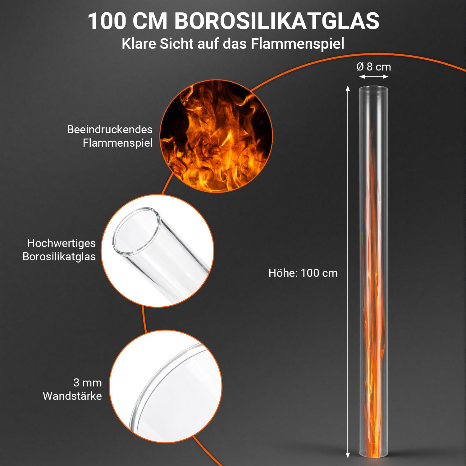 Lospitch Pelletfackel 138 cm mit Glasrohr und Kreuzfuß für Garten und Terrasse