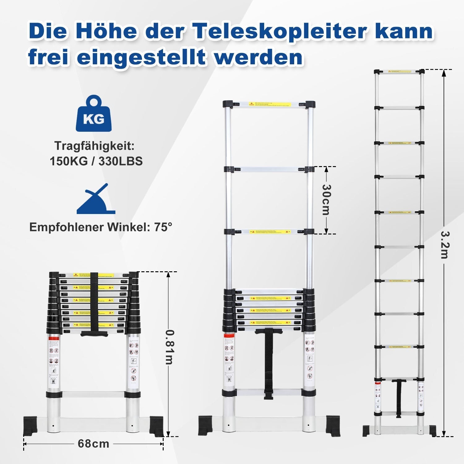 Lospitch Aluminium Teleskopleiter 2,6 bis 5m 150kg mit Stabilisator