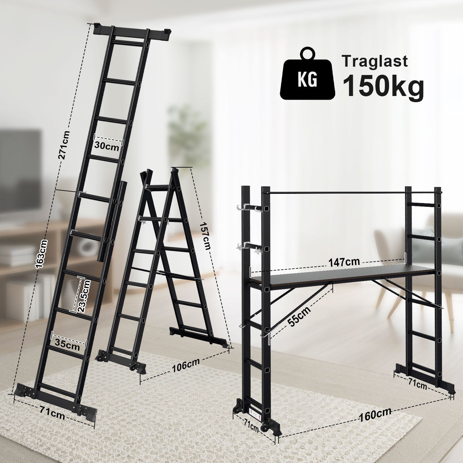 Lospitch Mehrzweckgerüst Aluminium 4 in 1 mit Plattform 2 Rollen bis 150 kg