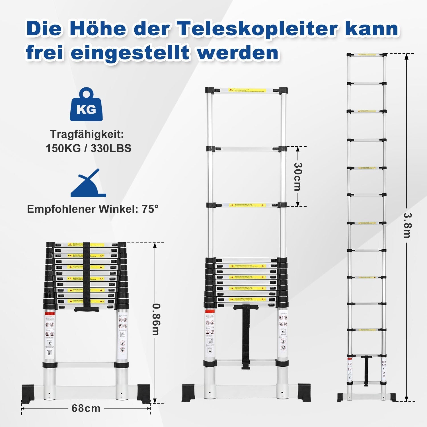 Lospitch Aluminium Teleskopleiter 2,6 bis 5m 150kg mit Stabilisator