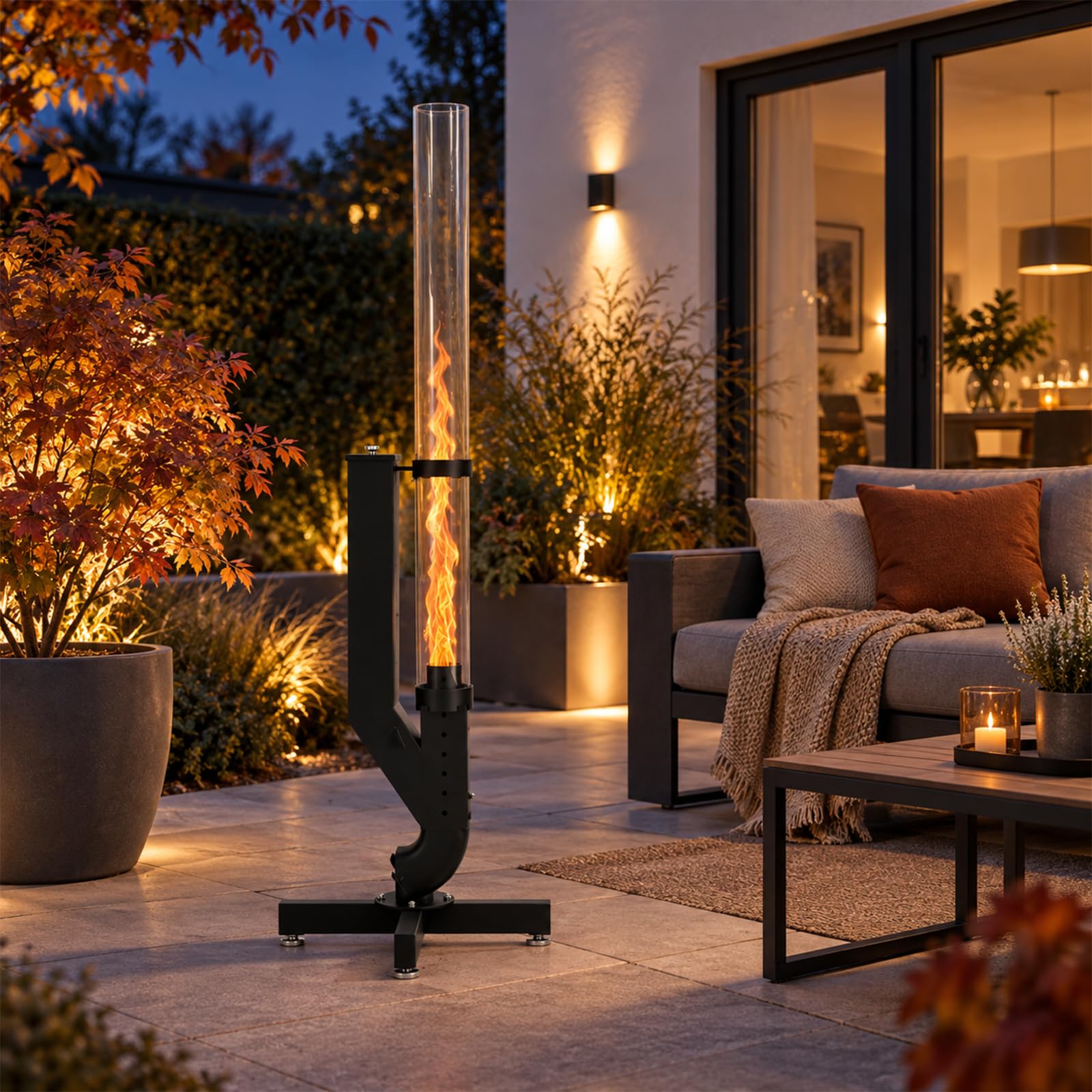 Lospitch Pelletfackel 138 cm mit Glasrohr und Kreuzfuß für Garten und Terrasse