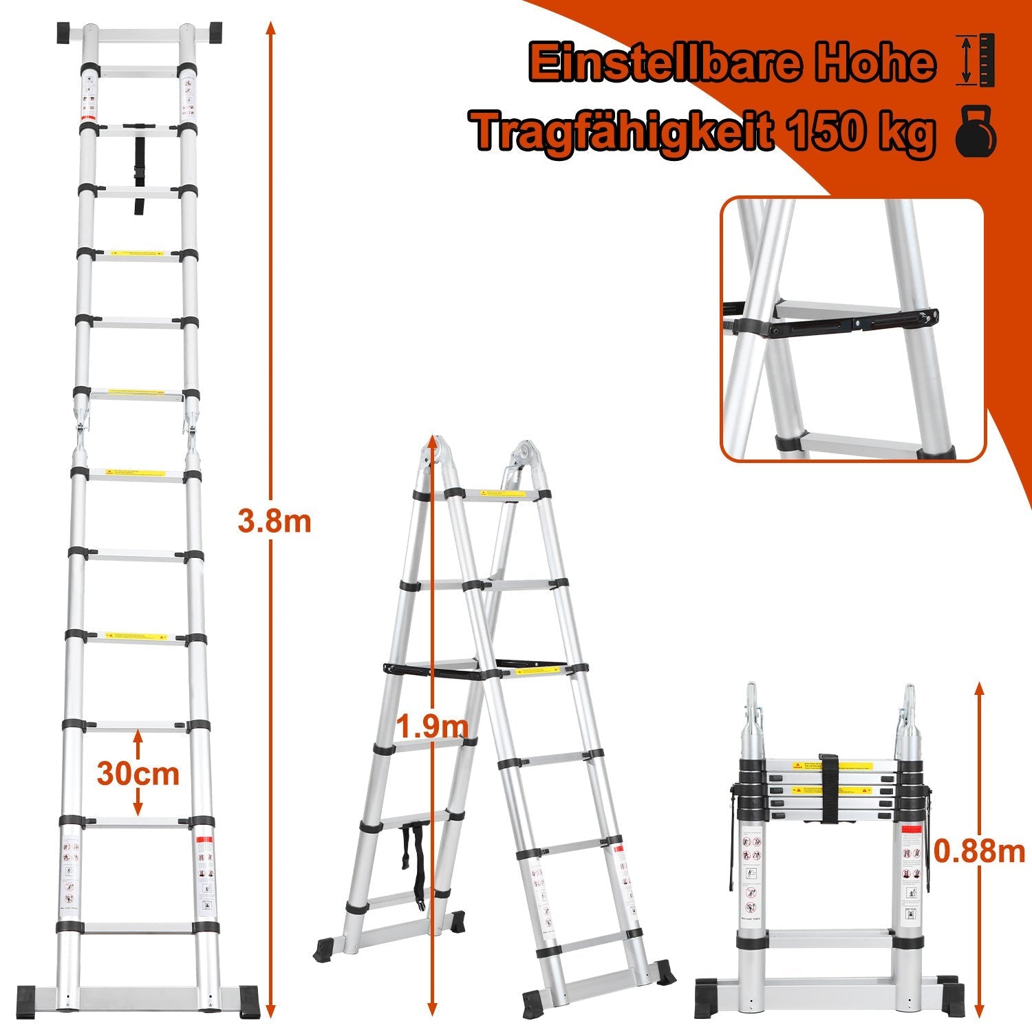 Lospitch Teleskopleiter Aluminium 3,8m Klappbar 150kg Mehrzweckleiter