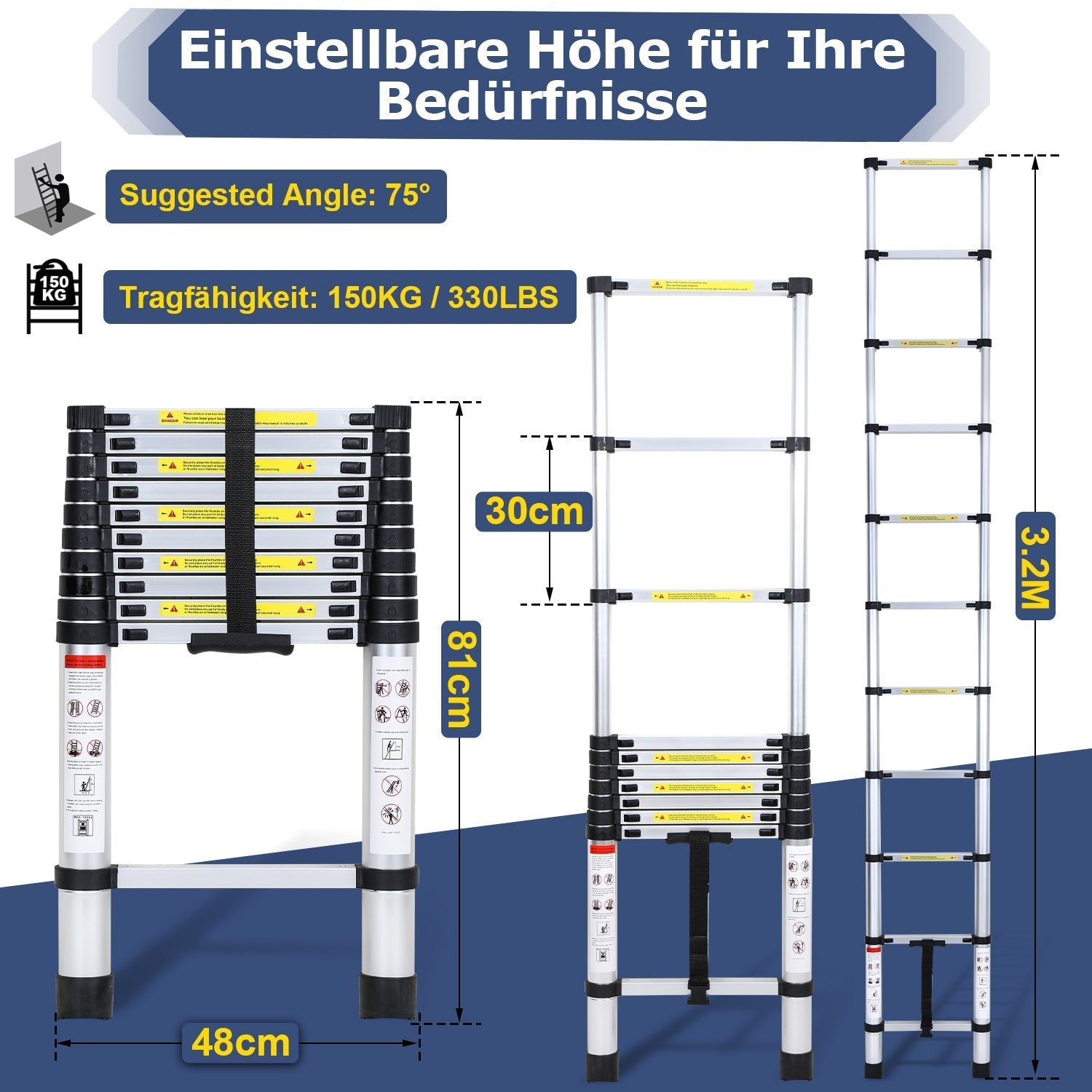 Lospitch Aluminium Teleskopleiter 2,6 bis 5 m Belastbar bis 150 kg für Haus und Garten