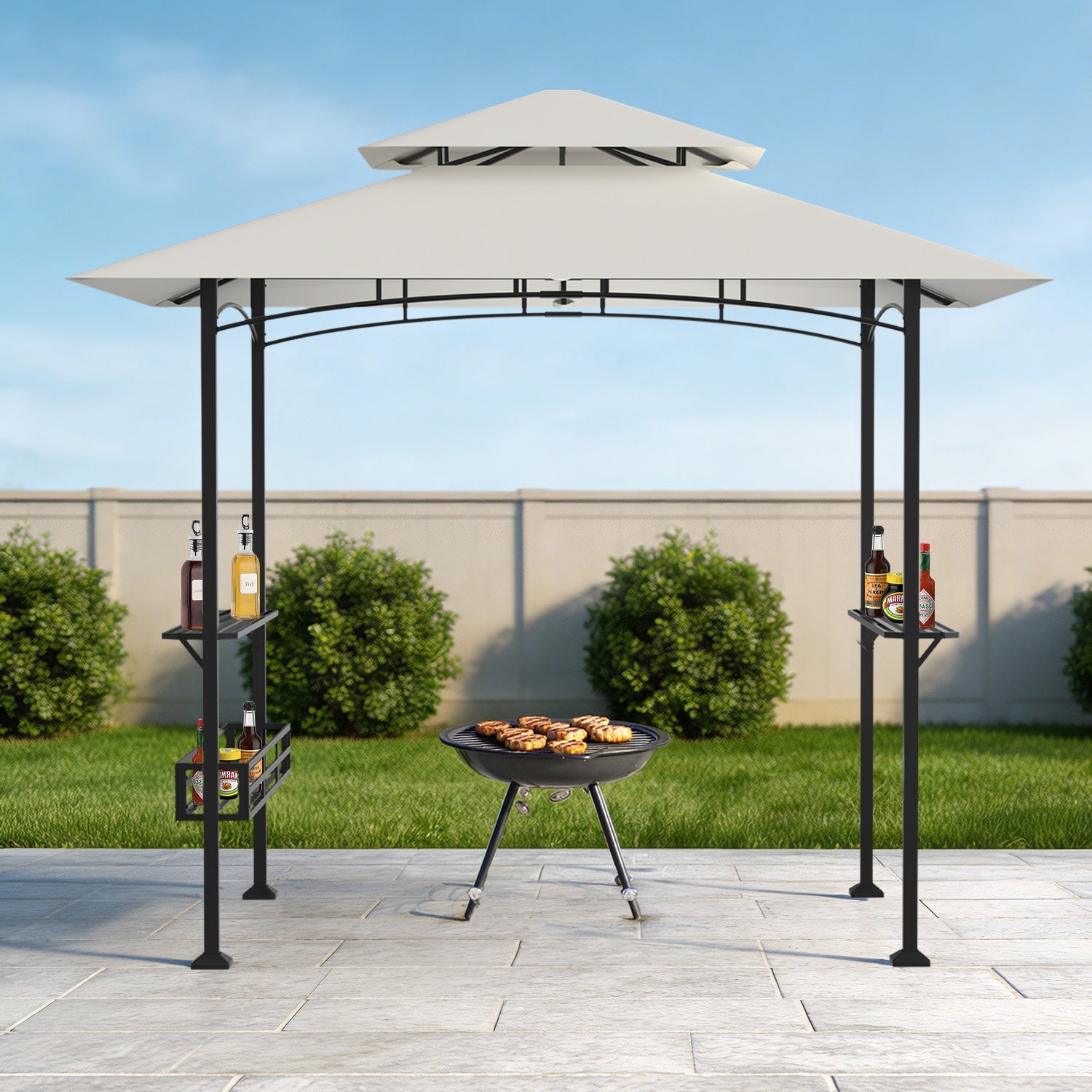 Lospitch BBQ Pavillon 238 x 148 x 250 cm mit Ablagen und Flaschenöffner Beige