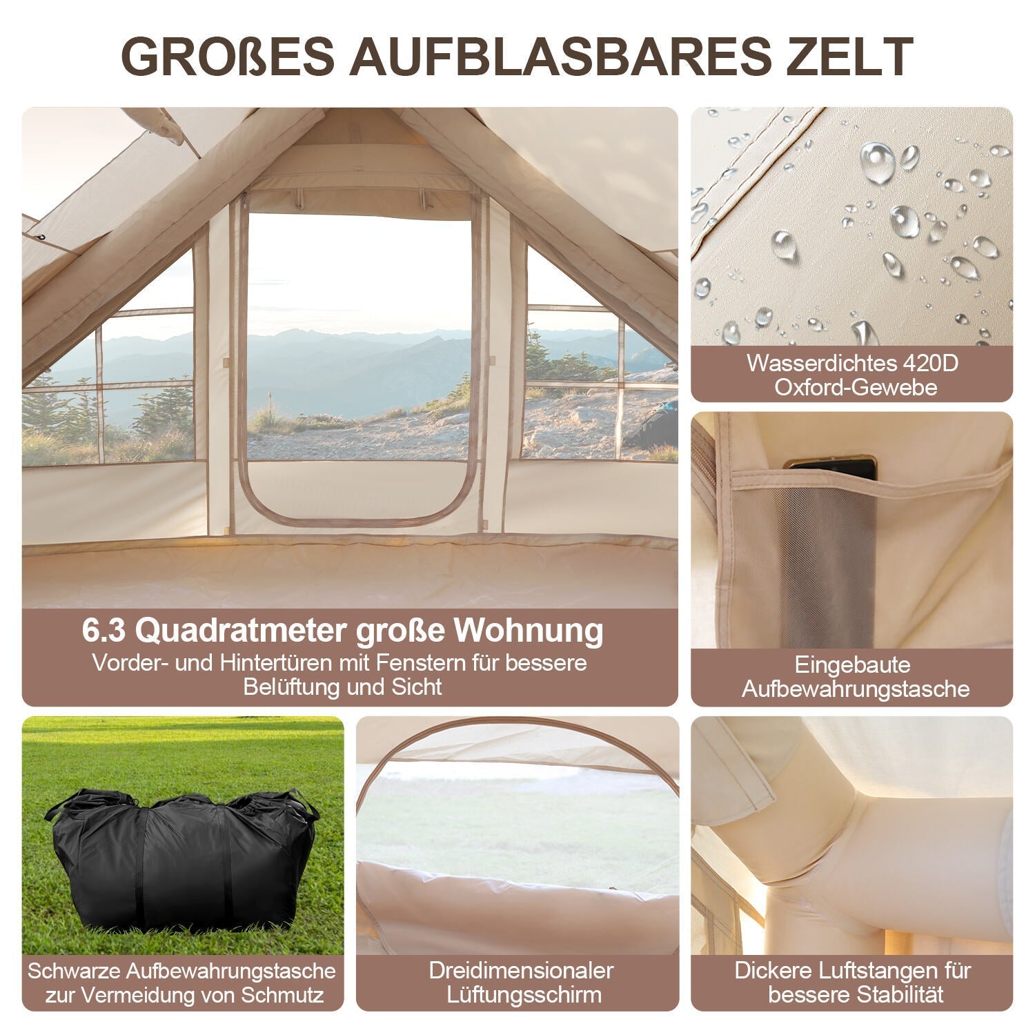 Lospitch Aufblasbares Campingzelt 6.3 m² mit Dachfenster für 2 bis 4 Personen