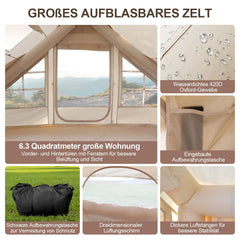 Lospitch Aufblasbares Campingzelt 6.3 m² mit Dachfenster für 2 bis 4 Personen