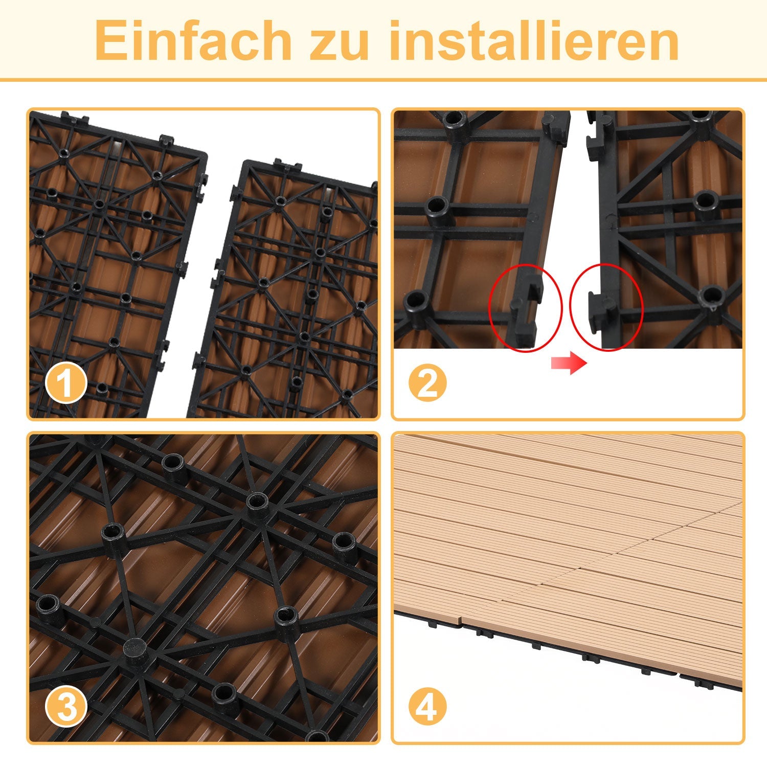 Lospitch WPC Klickfliesen 30x60 cm 6 Stück in Holzoptik für Balkon und Terrasse