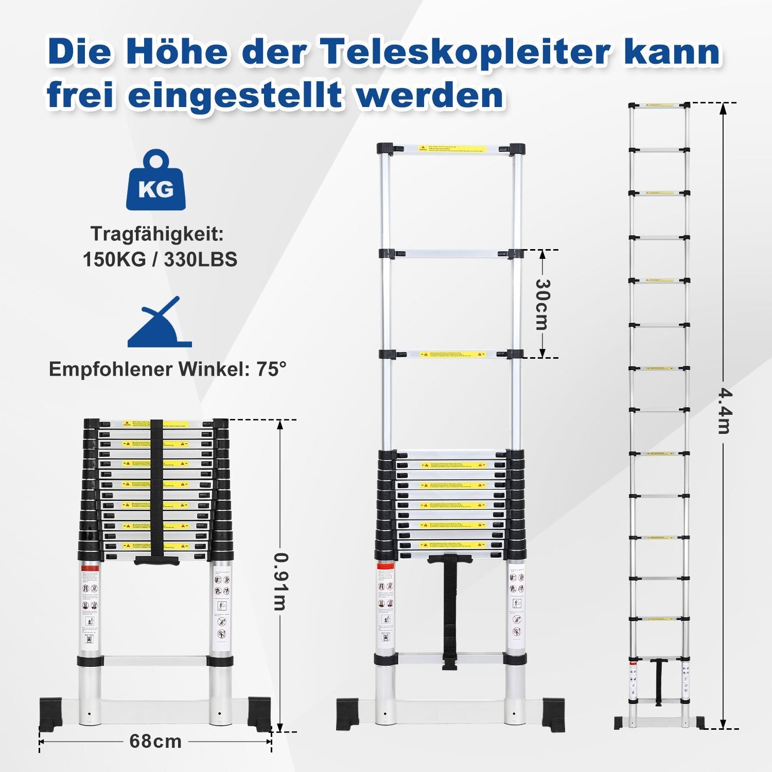 Lospitch Aluminium Teleskopleiter 2,6 bis 5m 150kg mit Stabilisator