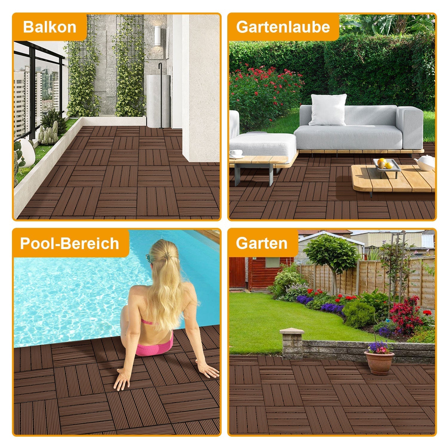 Lospitch WPC Terrassenfliesen 30x30 cm 11 Stück Klickfliesen für Balkon und Garten