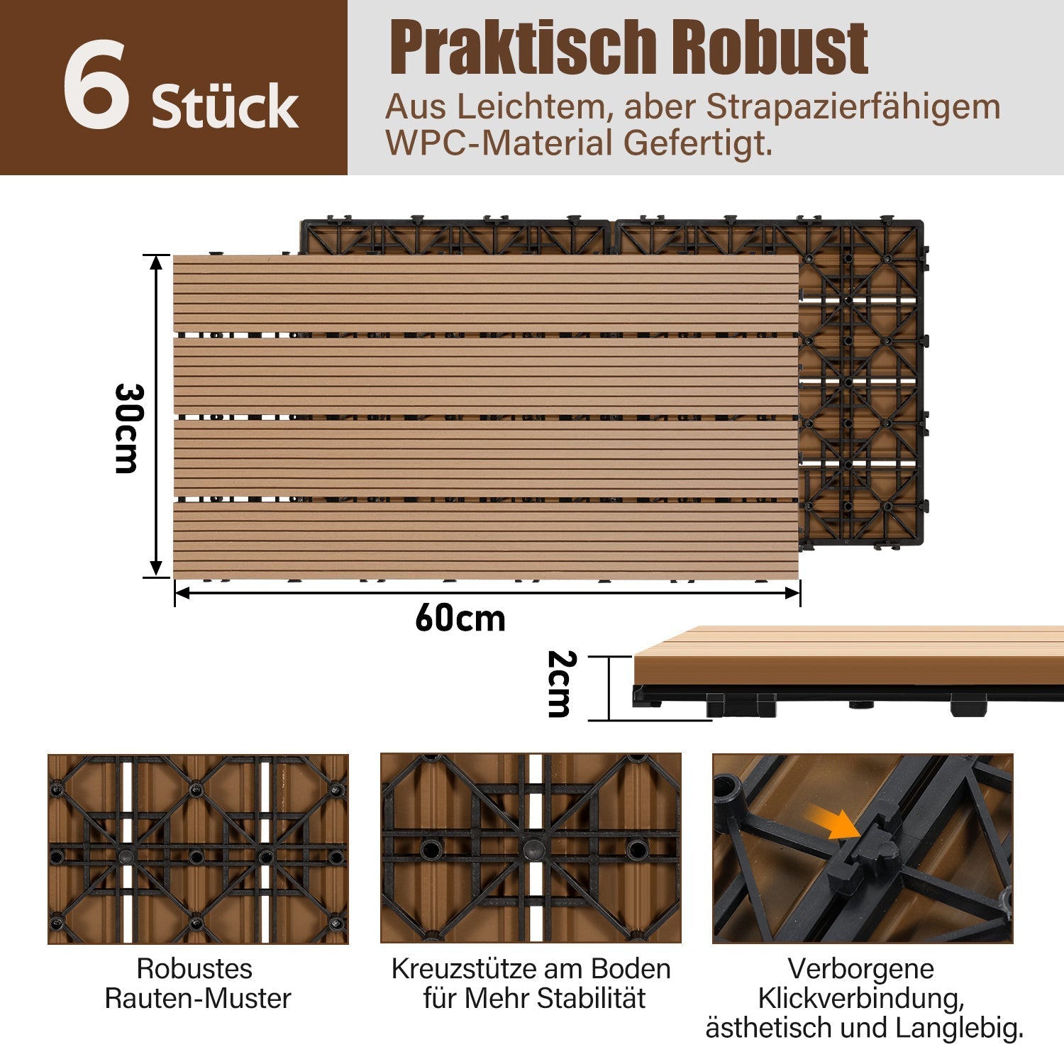 Lospitch WPC Klickfliesen 30x60 cm 6 Stück in Holzoptik für Balkon und Terrasse