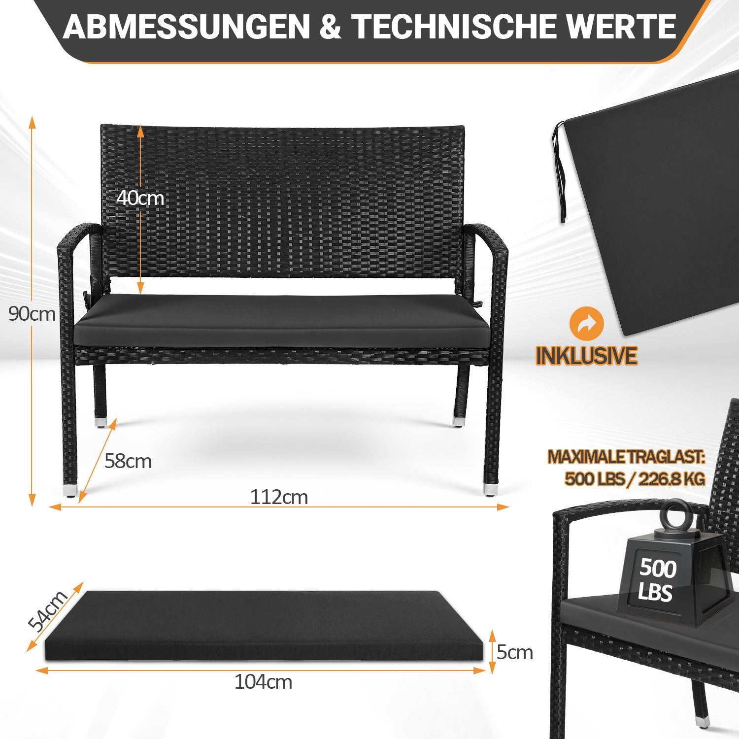 Lospitch Gartenbank Polyrattan 2-Sitzer mit Kissen für Garten und Terrasse