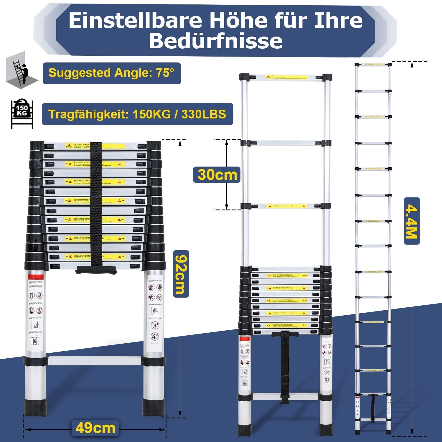 Lospitch Aluminium Teleskopleiter 2,6 bis 5 m Belastbar bis 150 kg für Haus und Garten
