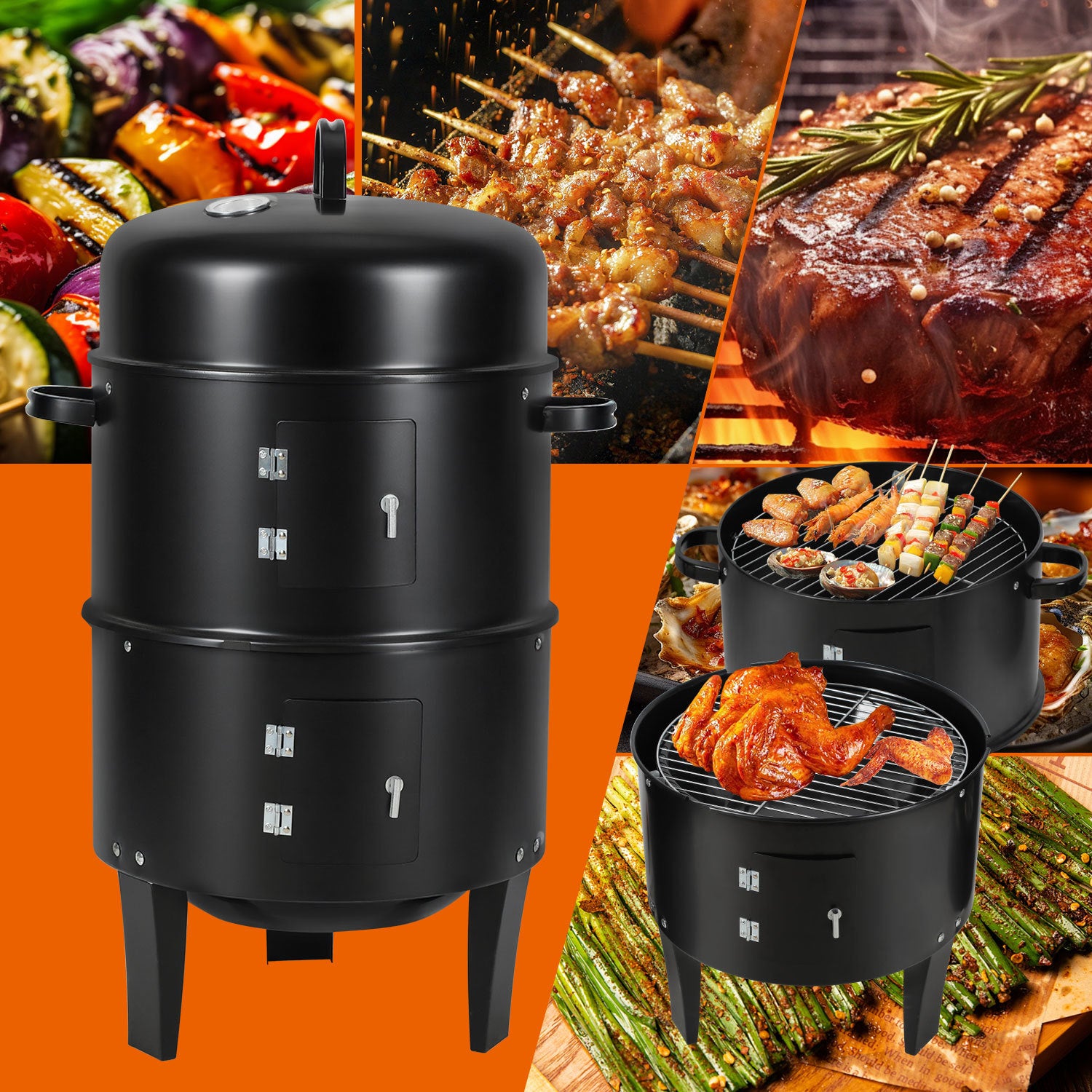 Lospitch Smoker Räucherofen 3 in 1 Grill Ø40×80 cm mit Thermometer