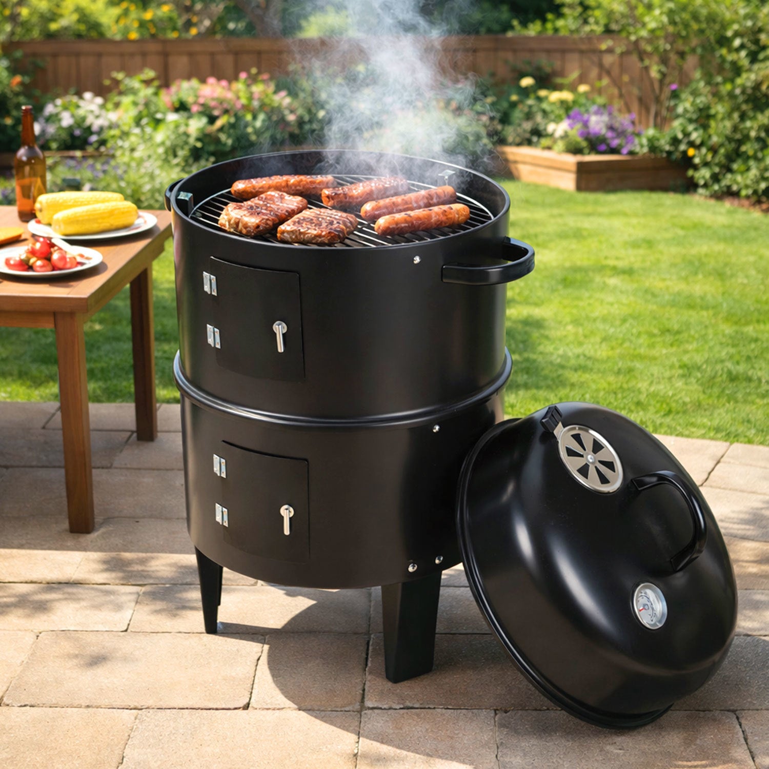 Lospitch Smoker Räucherofen 3 in 1 Grill Ø40×80 cm mit Thermometer