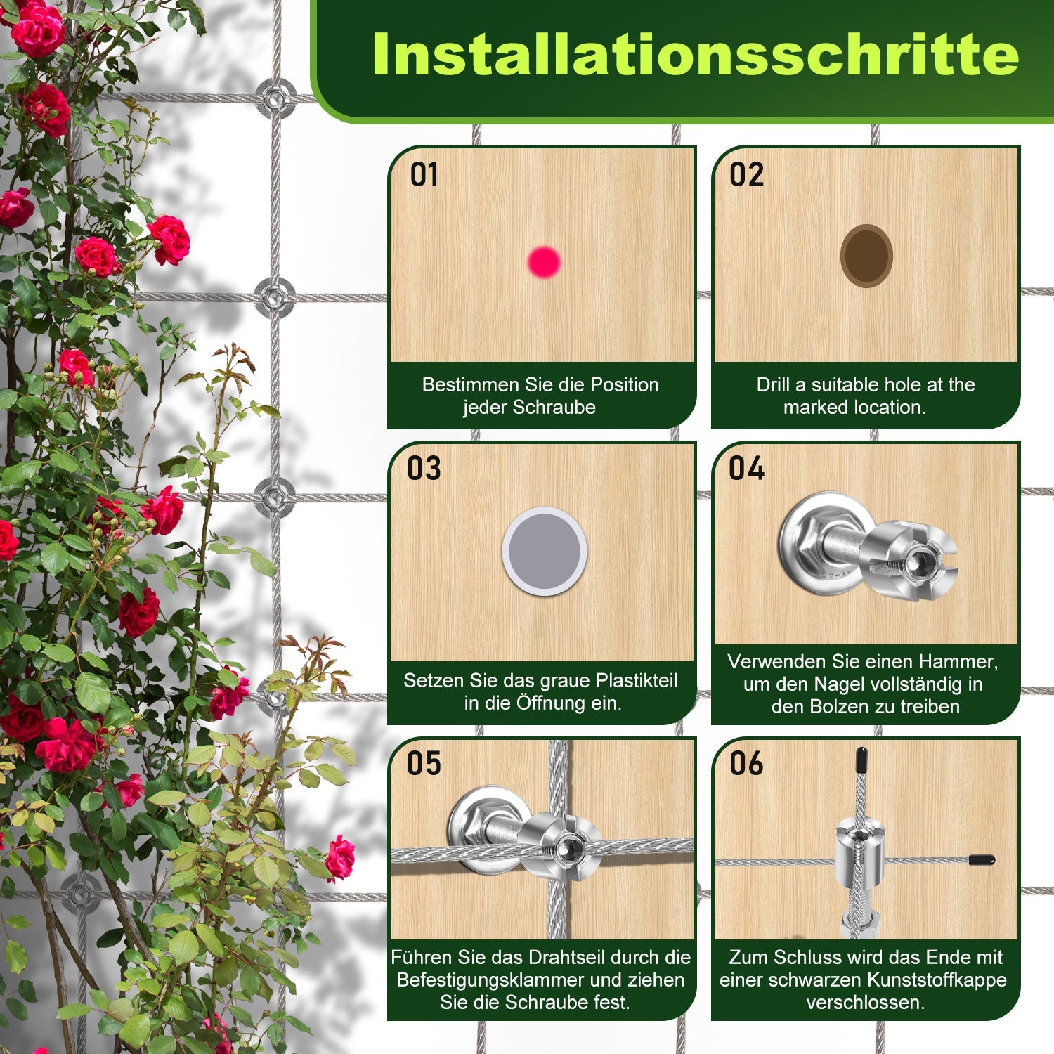 Lospitch Edelstahl Rankhilfe 12 m Set für Kletterpflanzen