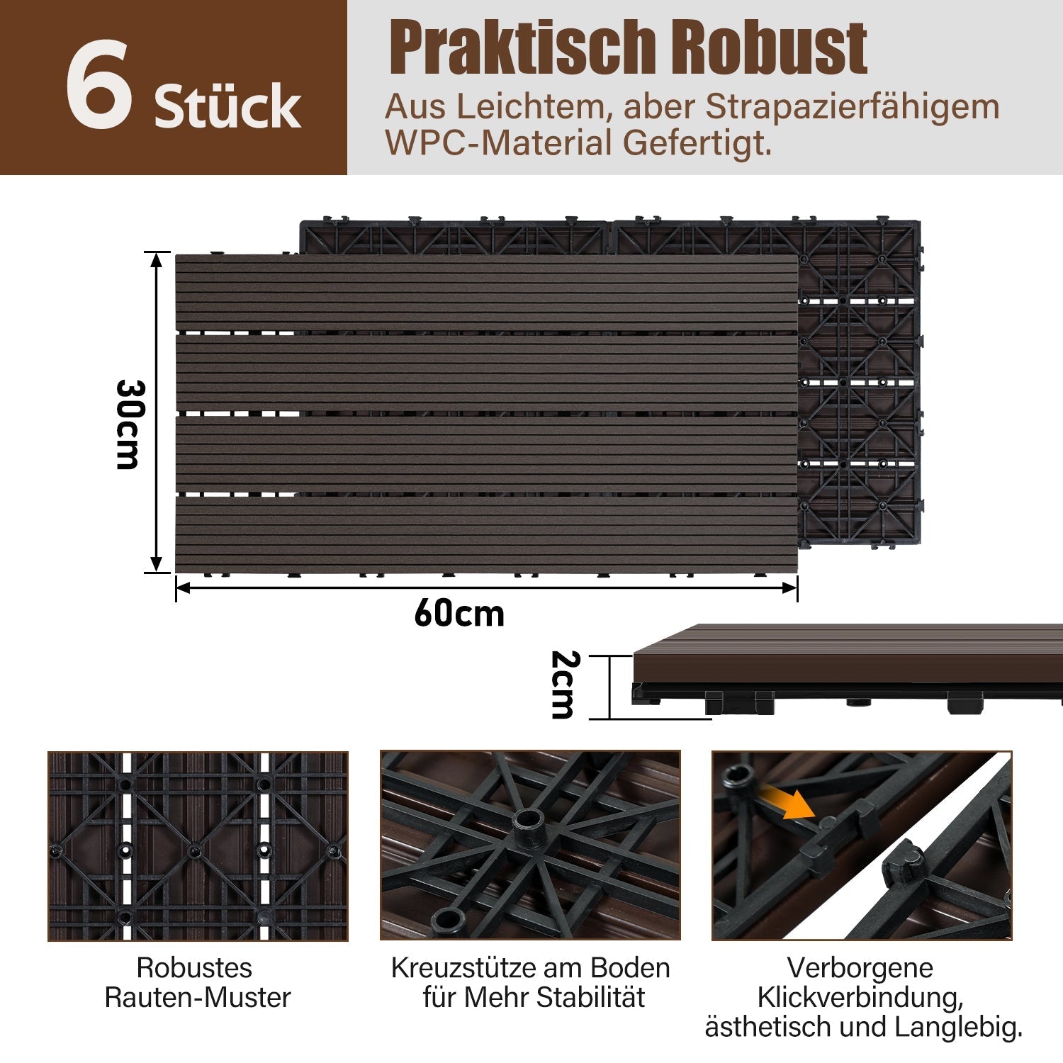 Lospitch WPC Klickfliesen 30x60 cm 6 Stück in Holzoptik für Balkon und Terrasse