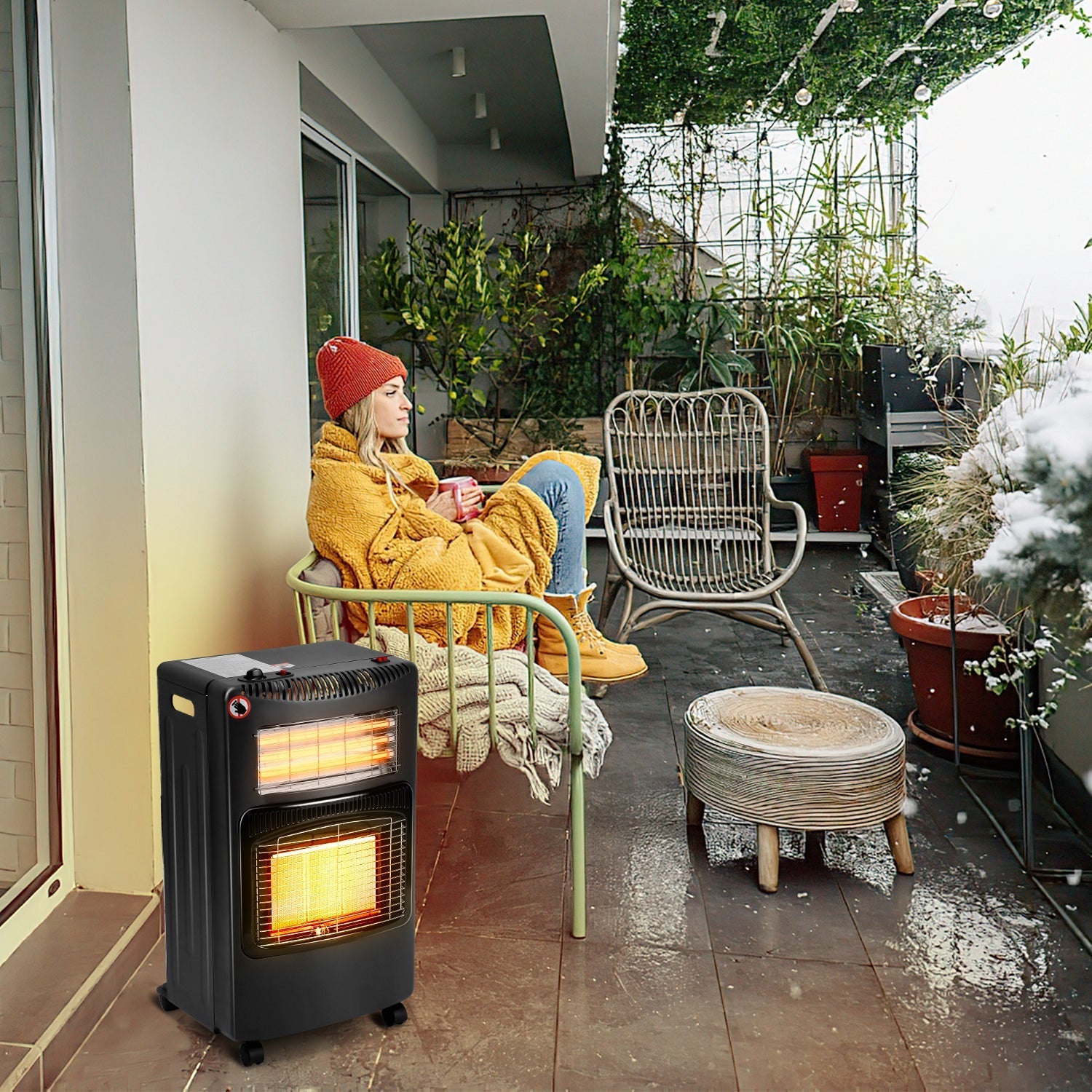 Lospitch Gasofen 4200W mit Elektroheizung 1260W 3 Heizstufen für Propan und Butan 42 × 36 × 73 cm