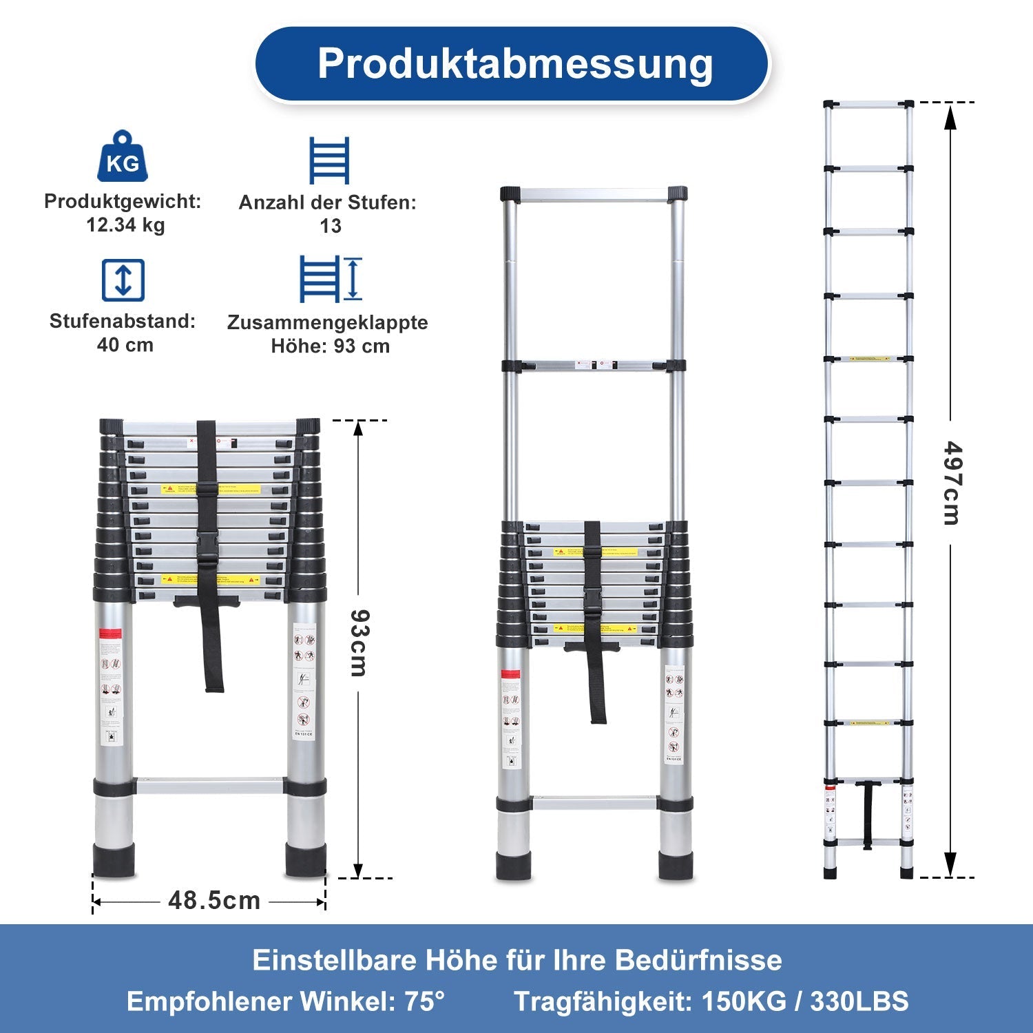 Lospitch Aluminium Teleskopleiter 2,6 bis 5 m Belastbar bis 150 kg für Haus und Garten