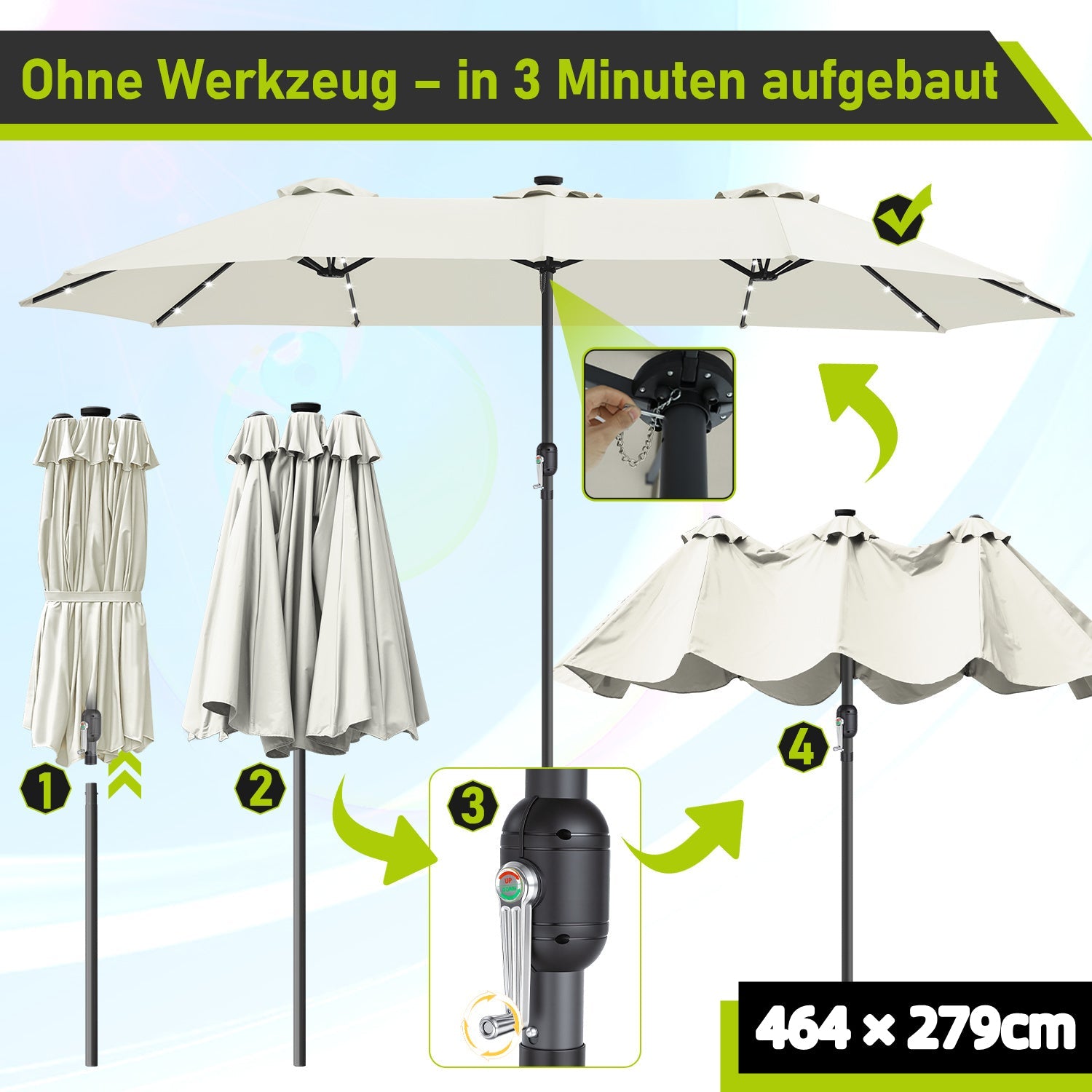 Lospitch Doppelsonnenschirm mit LED Solar rechteckig UV50 für Garten Terrasse