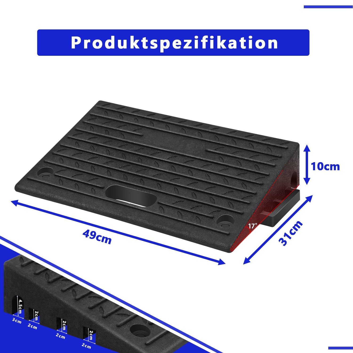 Lospitch Bordsteinrampe Gummi 50 × 32 × 10 cm mit Griff für Auto  und Garage