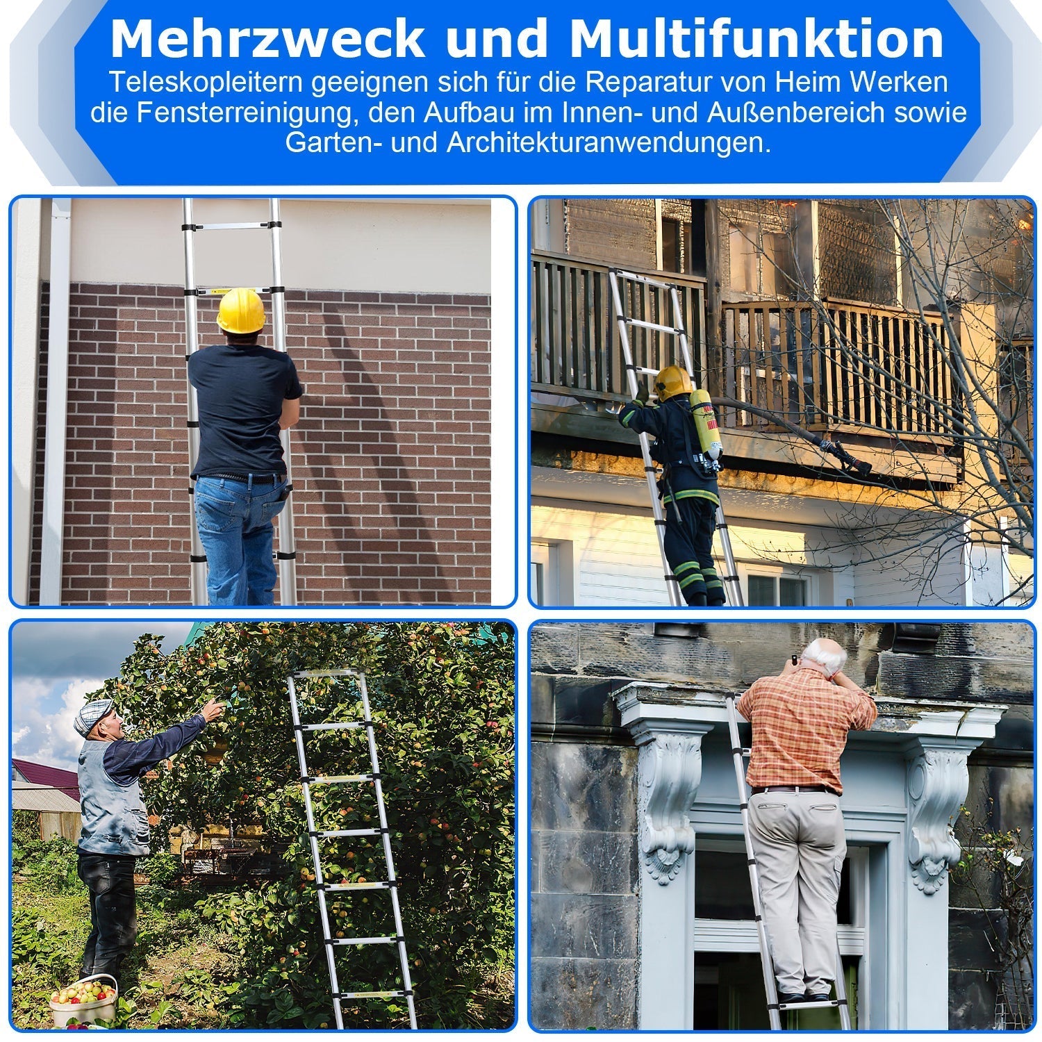 Lospitch Aluminium Teleskopleiter 2,6 bis 5 m Belastbar bis 150 kg für Haus und Garten