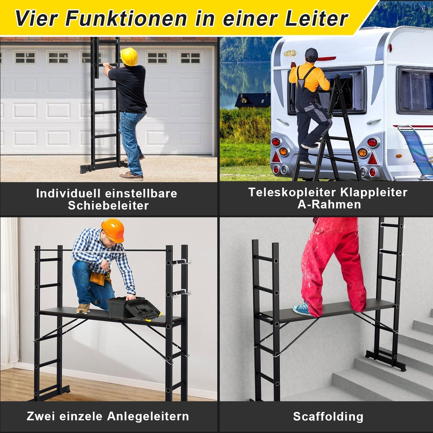 Lospitch Mehrzweckgerüst Aluminium 4 in 1 mit Plattform 2 Rollen bis 150 kg