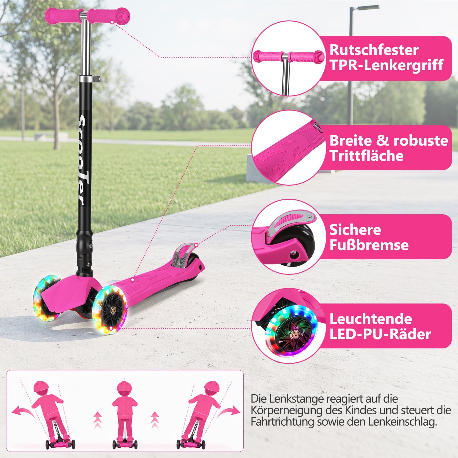 Lospitch Kinderroller Klappbar mit LED Rädern Höhenverstellbar 65 bis 82 cm